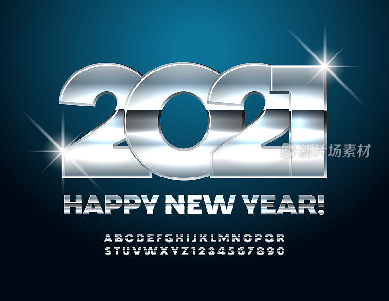 Vector greeting card Happy New Year 2021! Glossy metallic Alphabet Letters and Numbers set